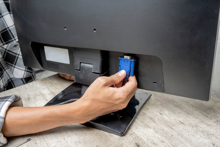 Man technician plug the television cable